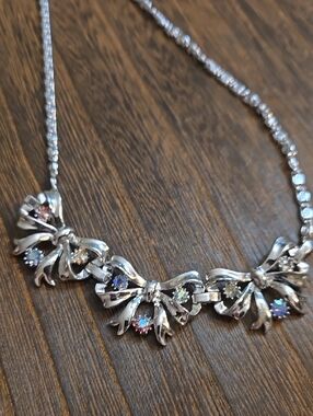Silver Bow Necklace with Multicolor Accent Stones